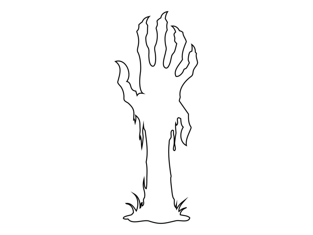 Black outline of creepy zombie hand isolated on a white background. Eerie monster hand. Concept of horror, Halloween, creepy design. Print, design element, coloring page. Graphic art vector