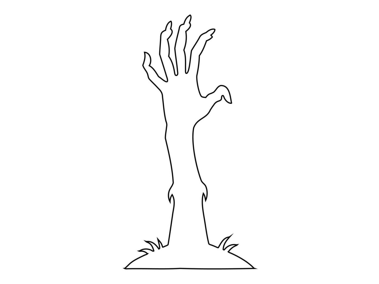 Black outline of creepy zombie hand isolated on a white background. Eerie monster hand. Concept of horror, Halloween, creepy design. Print, design element, coloring page. Graphic art vector