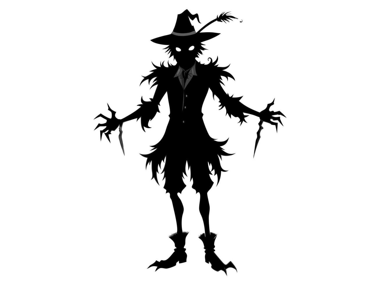 Black silhouette of cartoon scarecrow with witch hat and attire isolated on white background. Concept of Halloween, autumn, spooky character, farm decoration. Print, digital art, design element vector