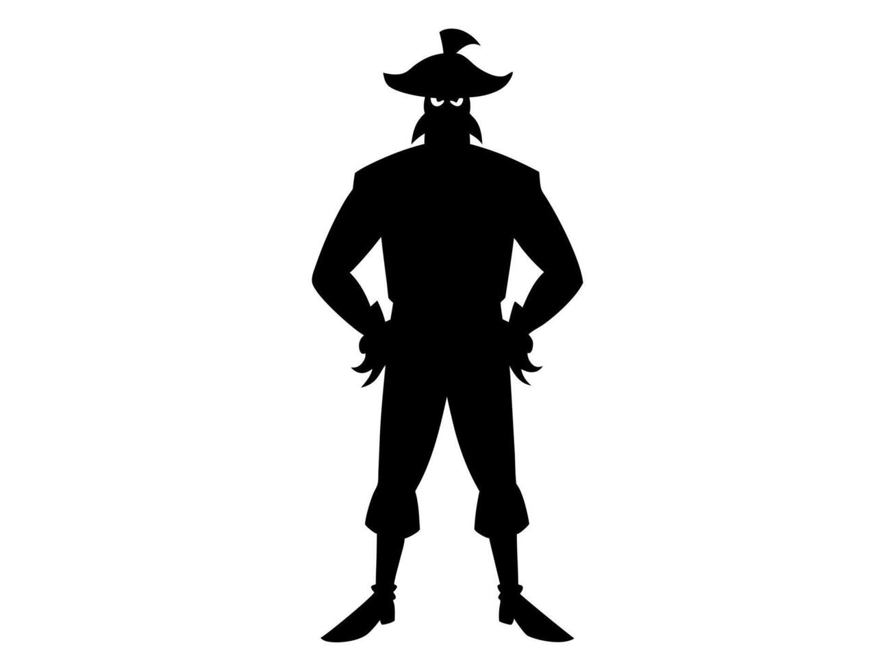 Black silhouette of cartoon pirate standing isolated on white background. Concept of pirate, Halloween, seafaring character, adventurous figure, kids illustration. Print, design element, graphic art vector