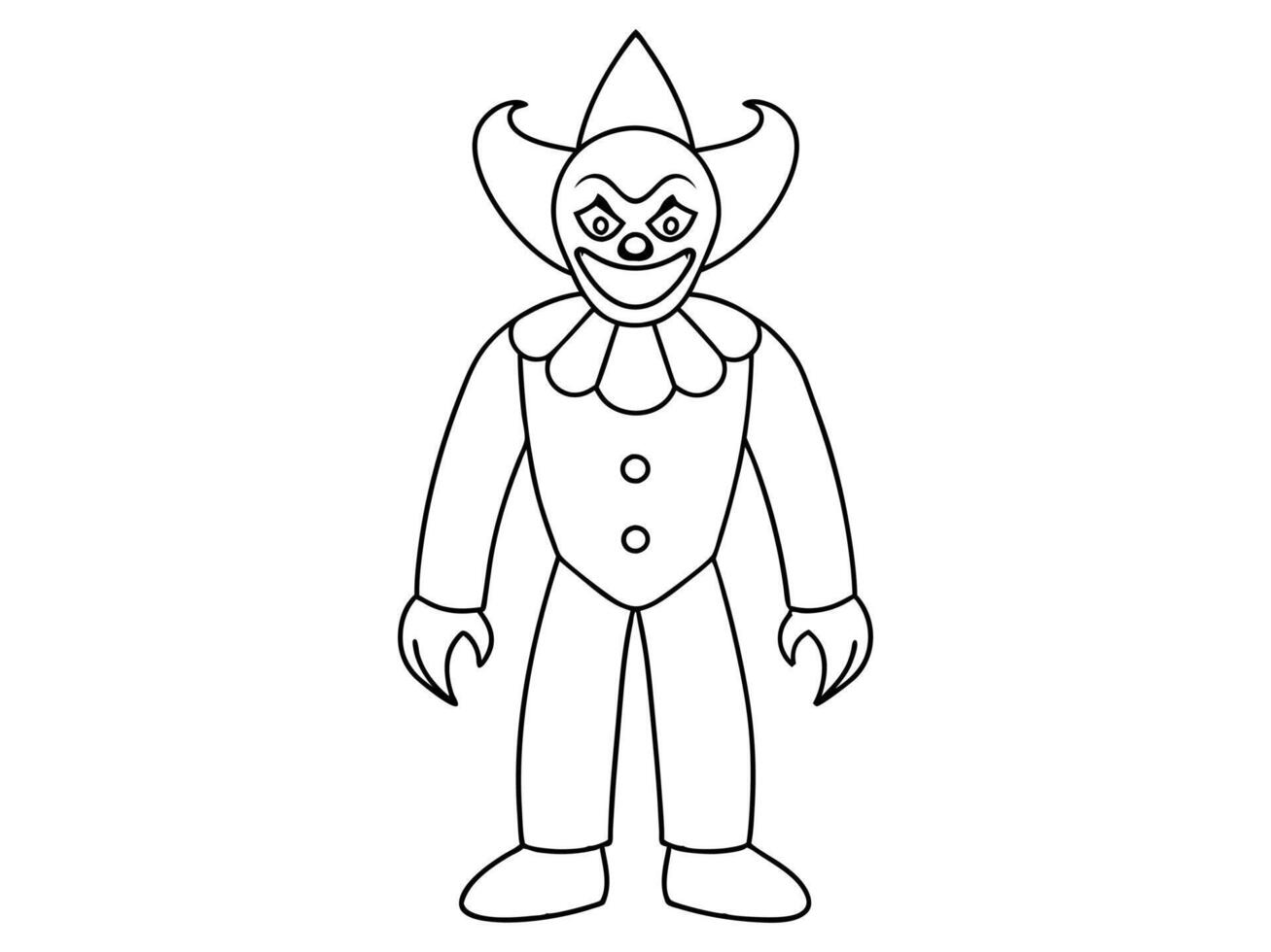 Black outline of evil clown with a creepy grin isolated on a white background. Concept of Halloween, circus performer, horror, spooky character. Print, art, design element, illustration vector