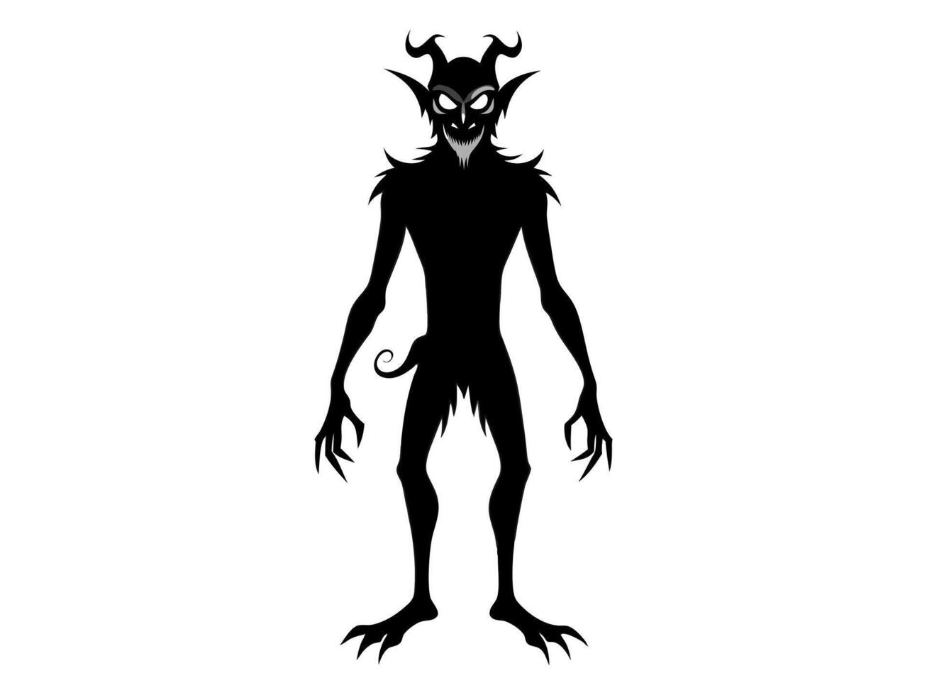 Black silhouette of devil character isolated on a white background. Concept of Halloween, fantasy creature, mythical demon, villainous imp, digital art. Print, illustration, design element vector