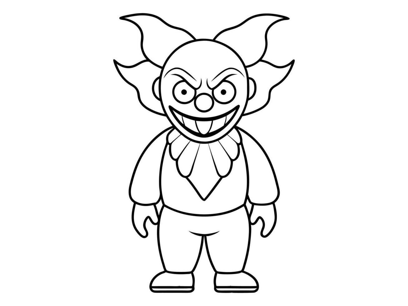 Black outline of evil clown with a creepy grin isolated on a white background. Concept of Halloween, circus performer, horror, spooky character. Print, art, design element, illustration vector