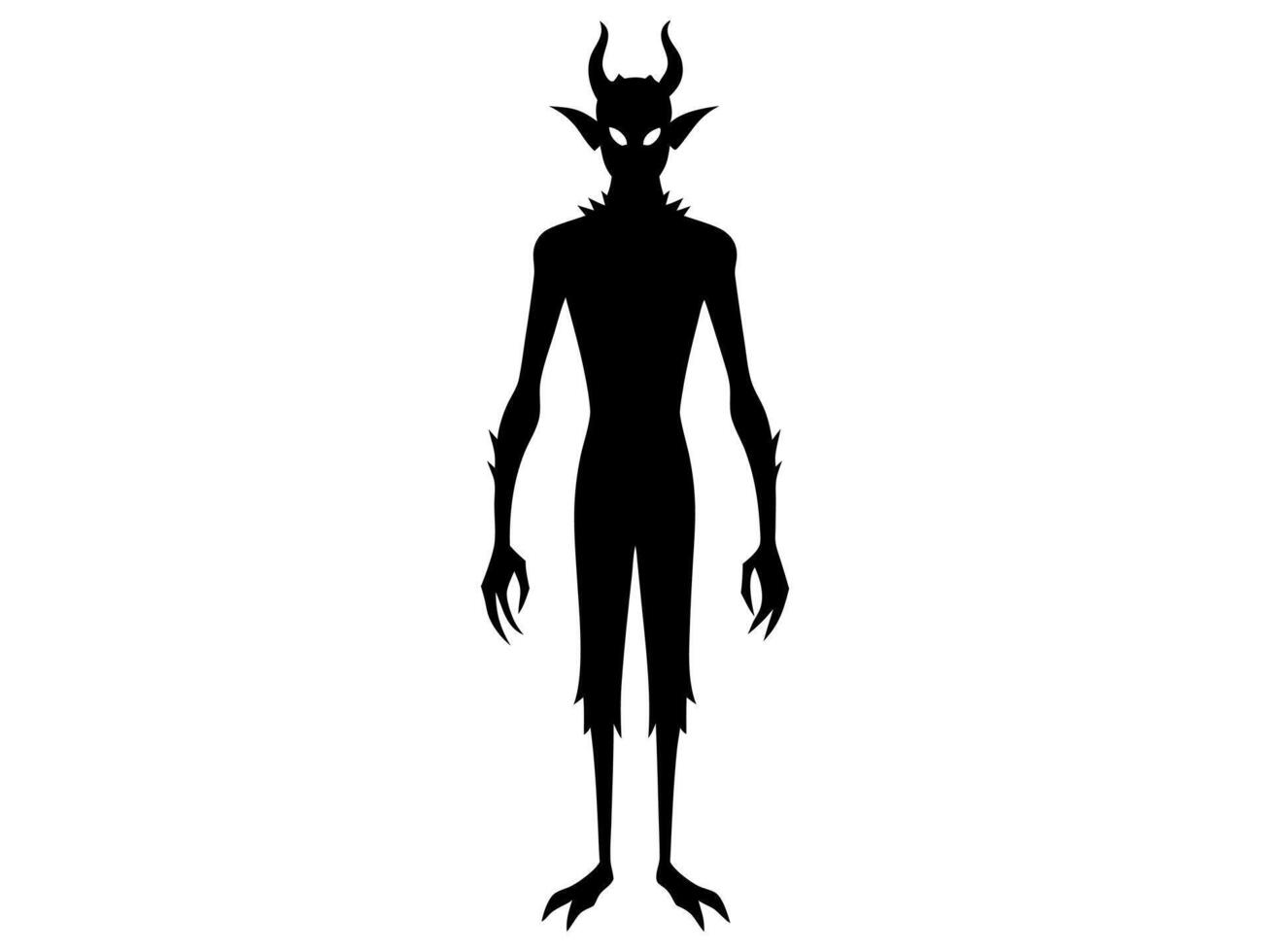 Black silhouette of devil character isolated on a white background. Concept of Halloween, fantasy creature, mythical demon, villainous imp, digital art. Print, illustration, design element vector