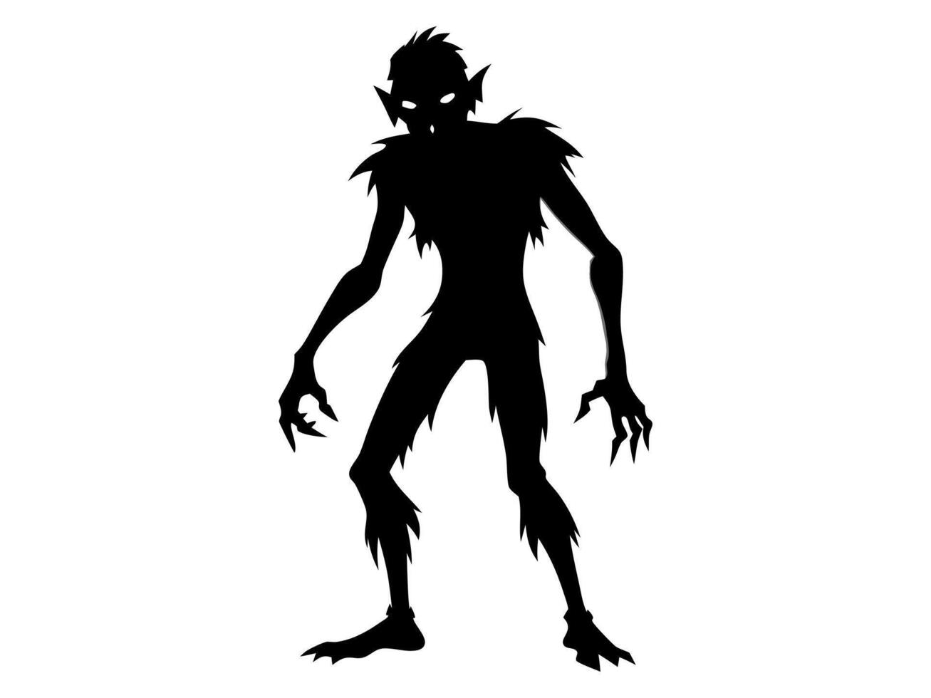 Black silhouette of scary cartoon zombie creature isolated on a white background. Concept of undead monsters, horror illustration, Halloween character, spooky design element. Print, art vector