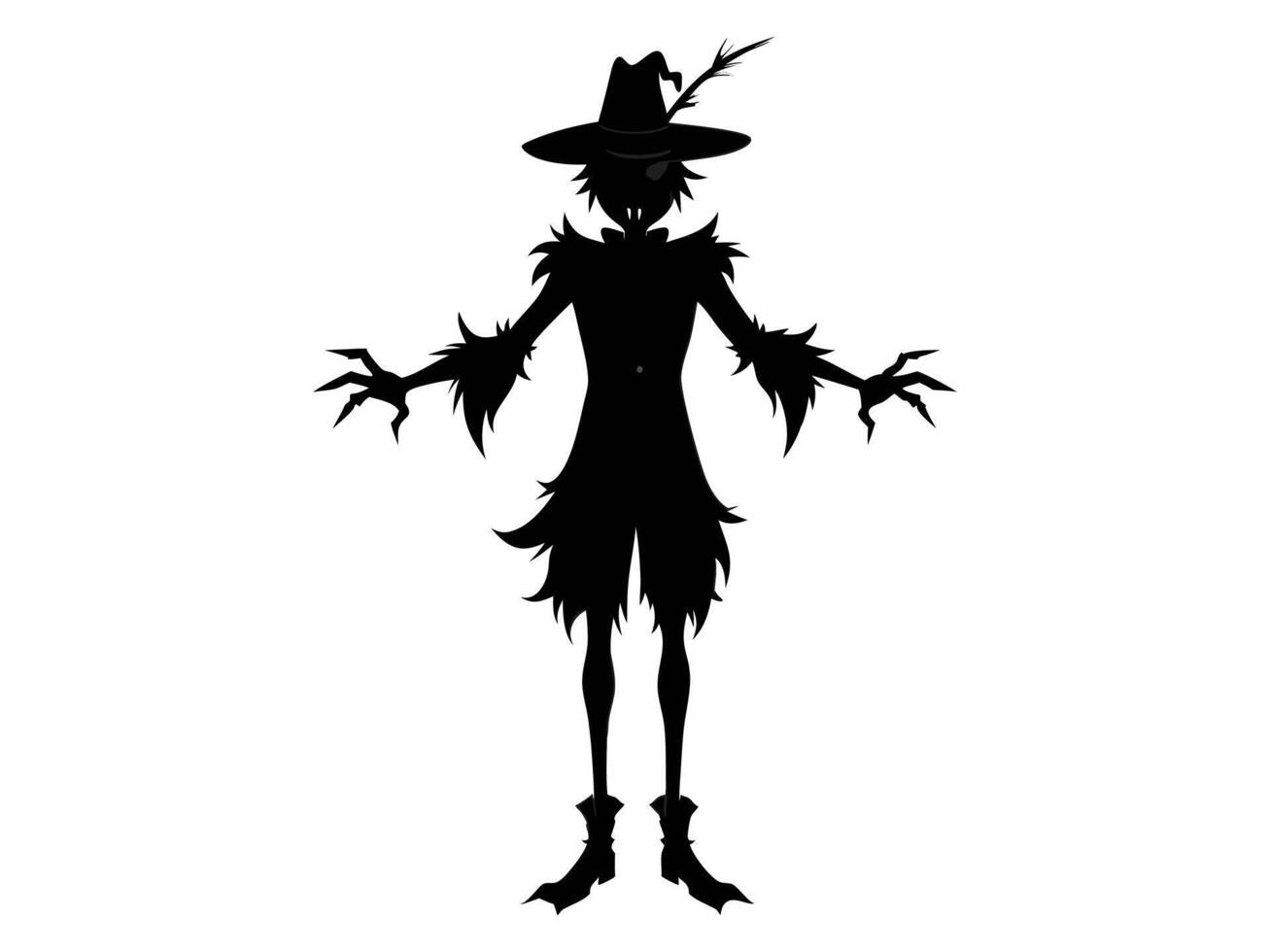 Black silhouette of cartoon scarecrow with witch hat and attire isolated on white background. Concept of Halloween, autumn, spooky character, farm decoration. Print, digital art, design element vector