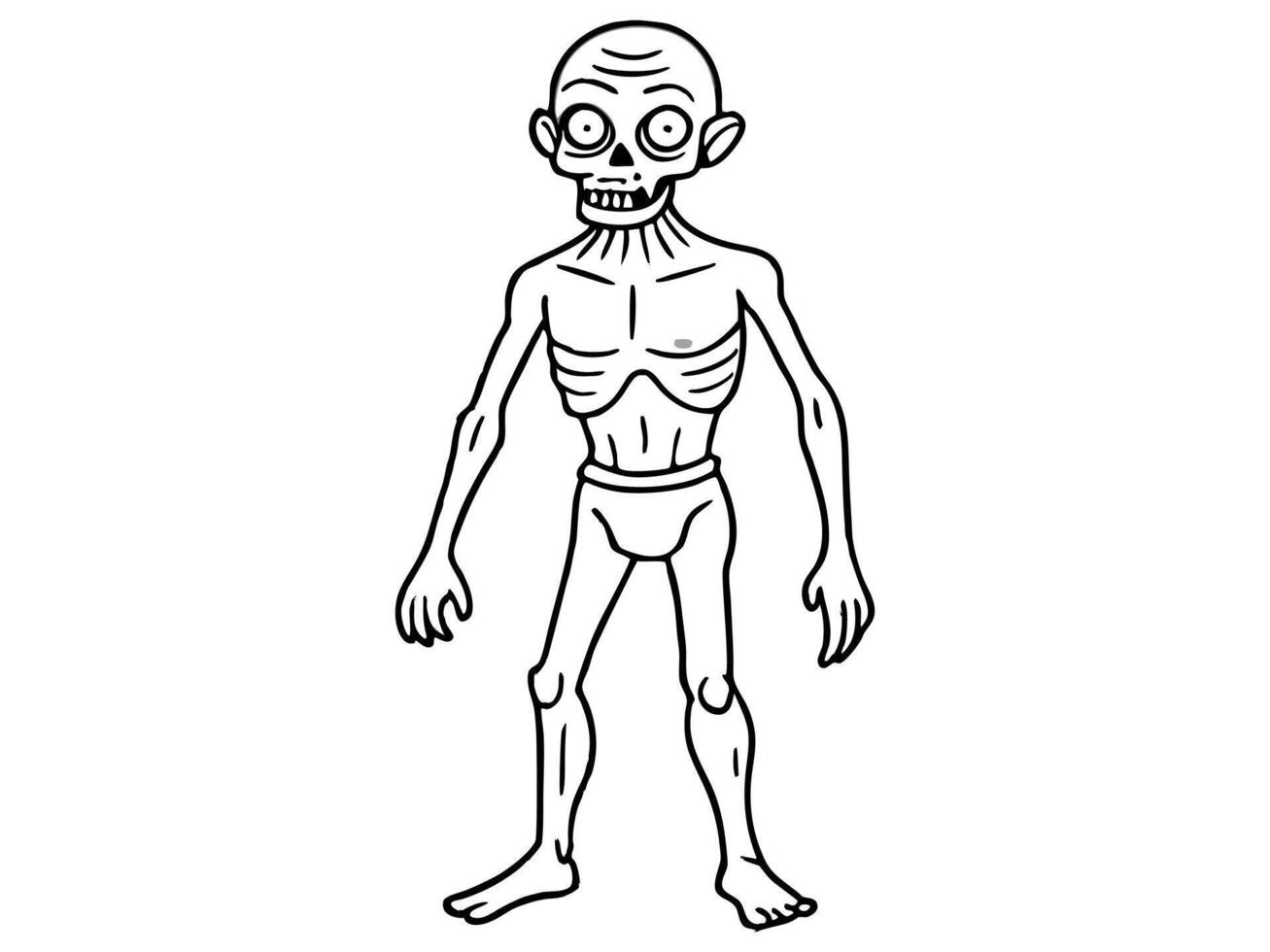 Black outline of scary cartoon zombie creature isolated on a white background. Concept of undead monsters, horror illustration, Halloween character, spooky design element. Print, art, coloring page vector