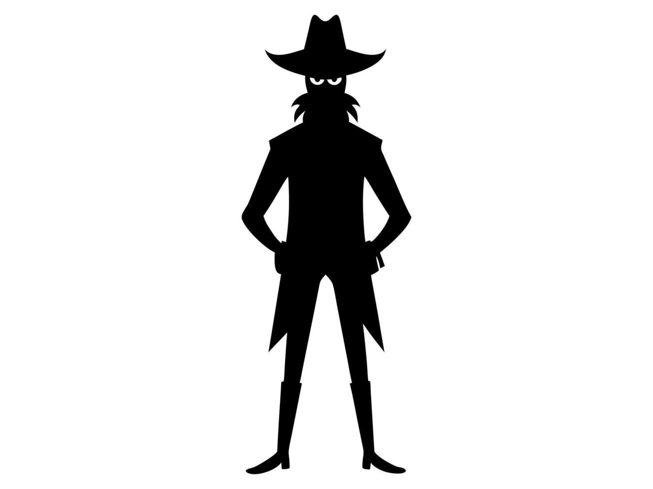 Black silhouette of cartoon pirate standing isolated on white background. Concept of pirate, Halloween, seafaring character, adventurous figure, kids illustration. Print, design element, graphic art vector