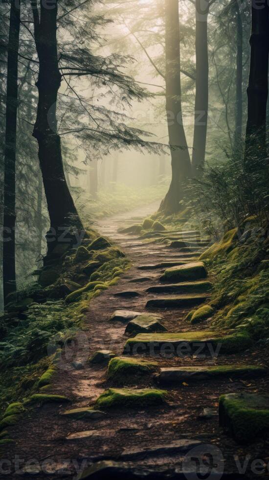 Enchanting Forest Path in Morning Mist. . photo