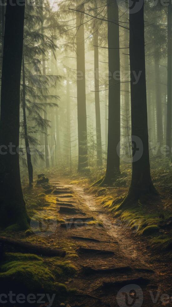Enchanting Forest Path in Morning Mist. . photo