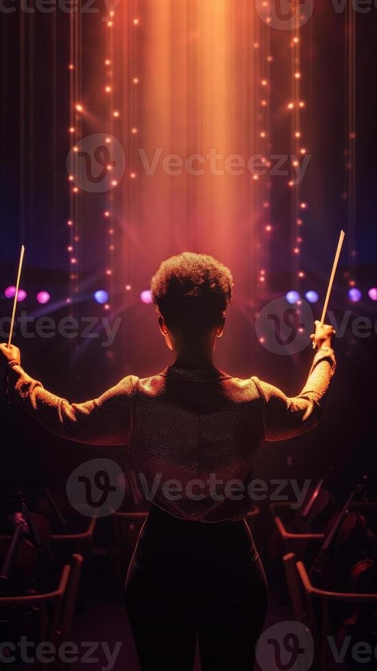 A young woman confidently leads an orchestra with a baton. Concept of musical talent. . photo
