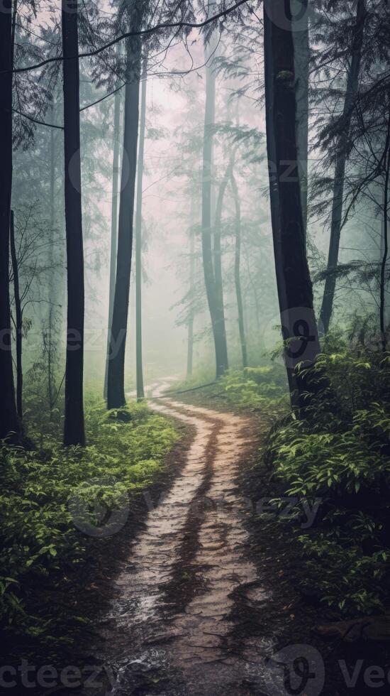 Enchanting Forest Path in Morning Mist. . photo