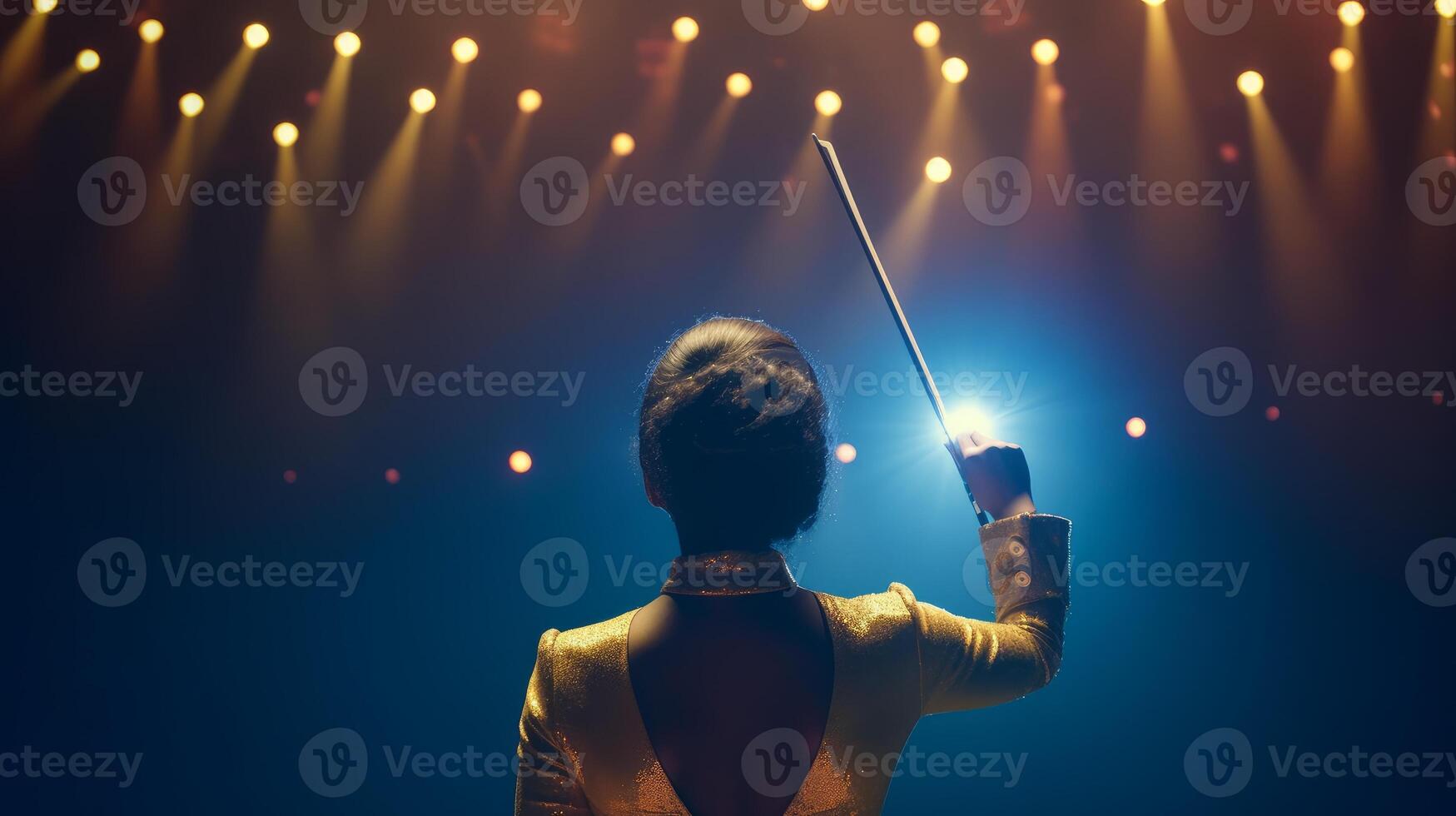 A young woman confidently leads an orchestra with a baton. Concept of musical talent. . photo