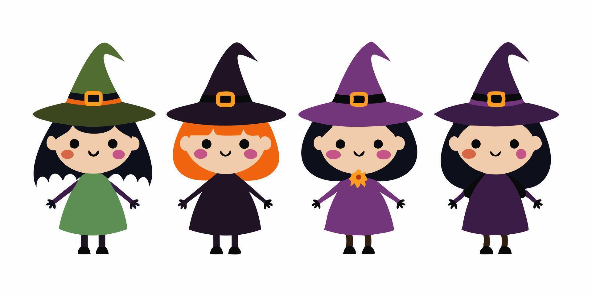 Set of Cute Witch Characters with Colorful Hats Isolated on White Background, Concept of Halloween, Feminine Magic, Character Illustration, Whimsical Style. Print, design elements. vector