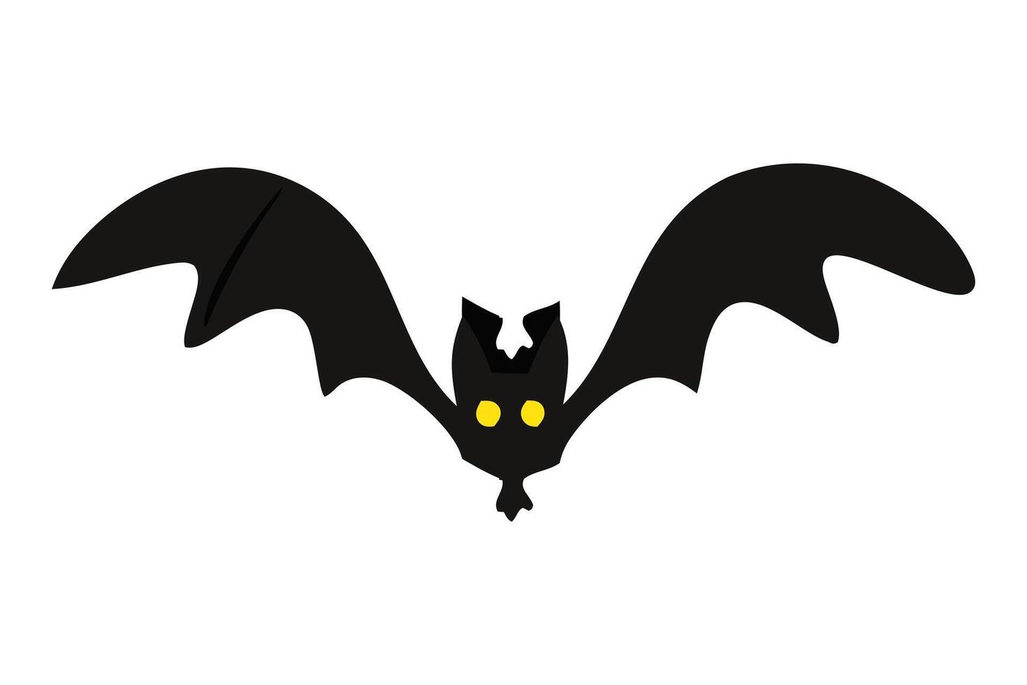 Black silhouette of bat with glowing eyes and spread wings isolated on white background. Concept of Halloween symbol, nocturnal creature, minimalist style, vampire bat. Print, icon, design element vector
