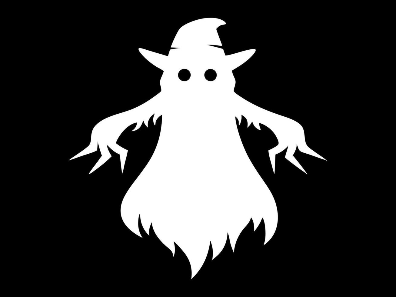 White silhouette of ghost isolated on black background. Concept of spooky spirit, Halloween symbol, minimalist style, eerie apparition, horror, sinister poltergeist. Print, icon, design element vector
