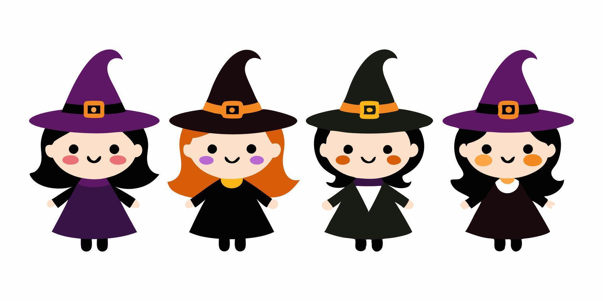 Set of Cute Witch Characters with Colorful Hats Isolated on White Background, Concept of Halloween, Feminine Magic, Character Illustration, Whimsical Style. Print, design elements. vector