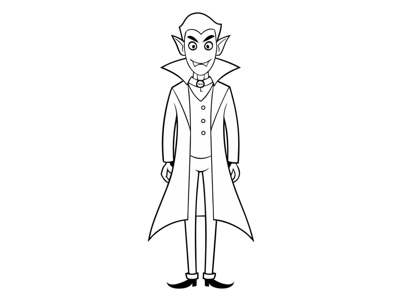 Black outline of vampire character isolated on white background. Concept of Halloween, Dracula, spooky figure, minimalist style, fantasy creature. Print, icon, design element, coloring page vector