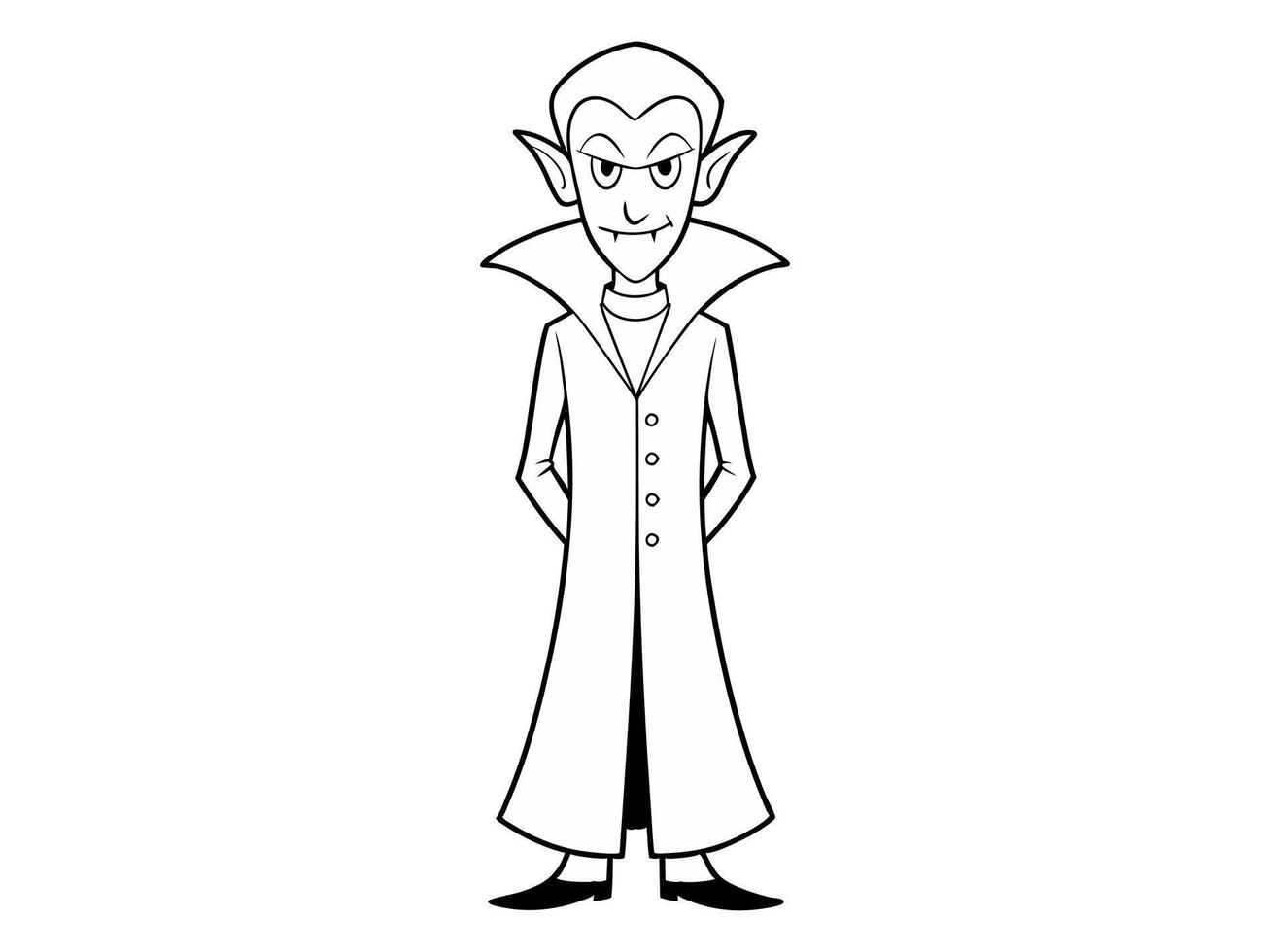 Black outline of vampire character isolated on white background. Concept of Halloween, Dracula, spooky figure, minimalist style, fantasy creature. Print, icon, design element, coloring page vector