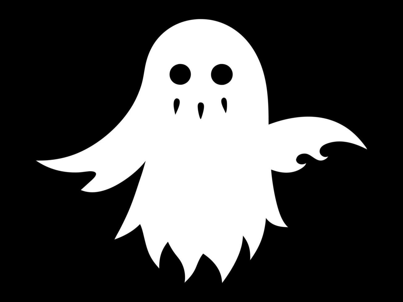 White silhouette of ghost isolated on black background. Concept of spooky spirit, Halloween symbol, minimalist style, eerie apparition, horror, sinister poltergeist. Print, icon, design element vector