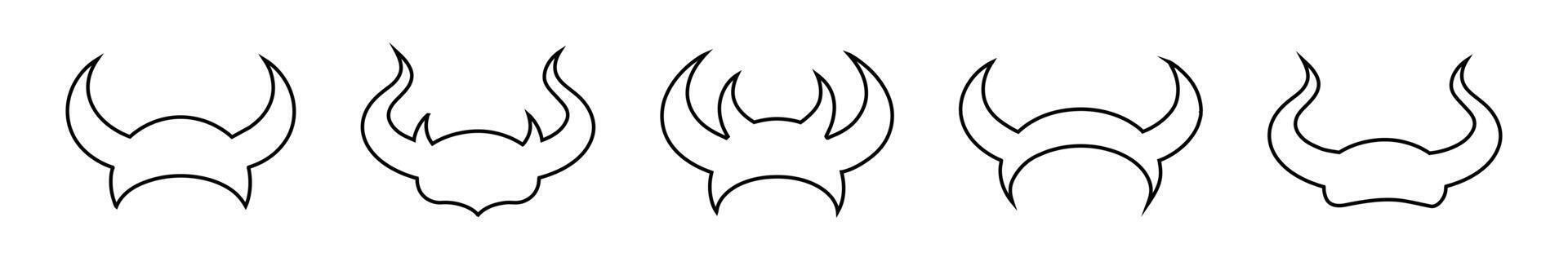 Set of Black outlines of devil horns with a curved shape design. Demon Horns. Halloween, evil, fantasy, spooky concept. Isolated on white background. Print, design element, coloring page vector