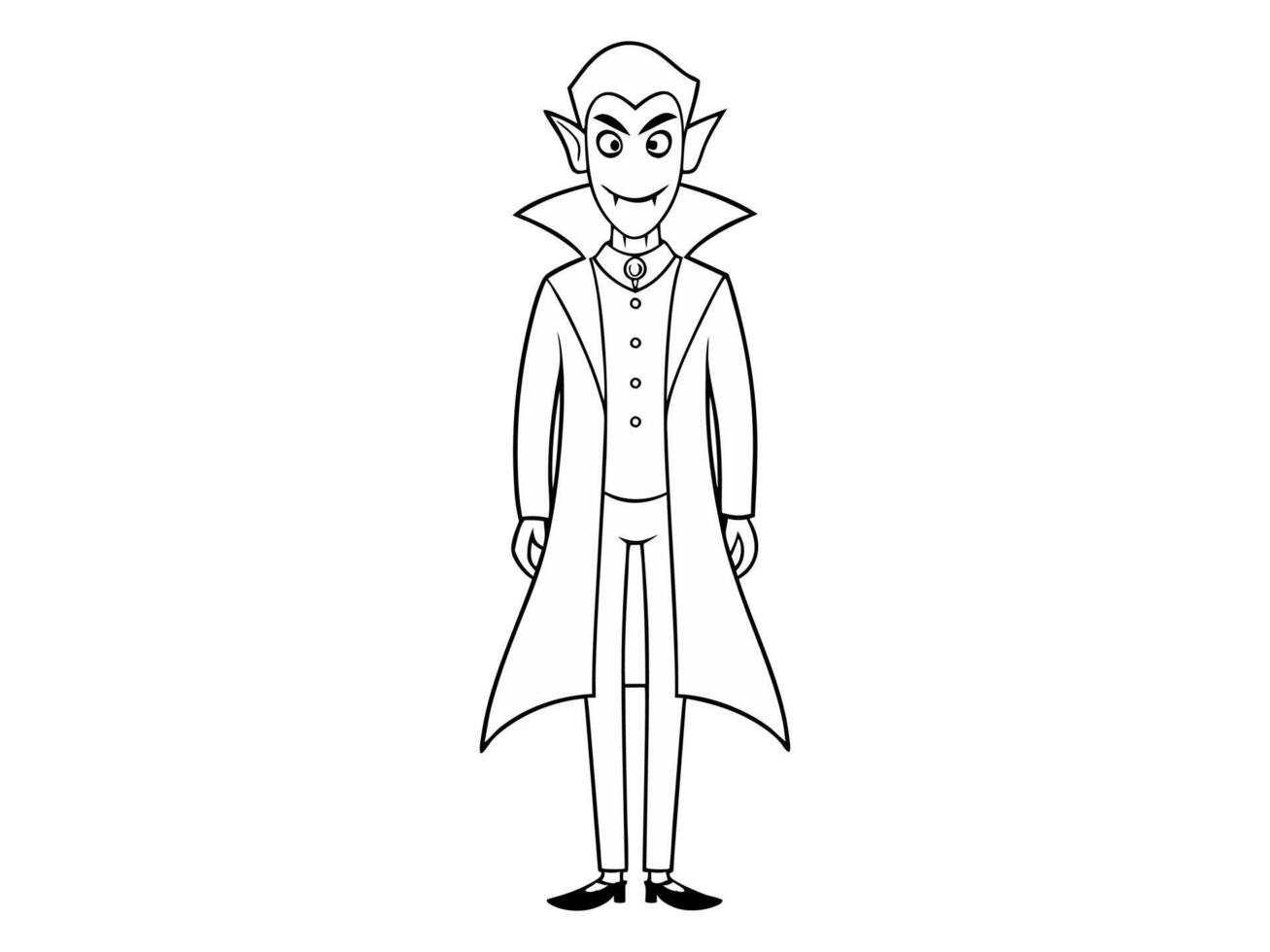 Black outline of vampire character isolated on white background. Concept of Halloween, Dracula, spooky figure, minimalist style, fantasy creature. Print, icon, design element, coloring page vector