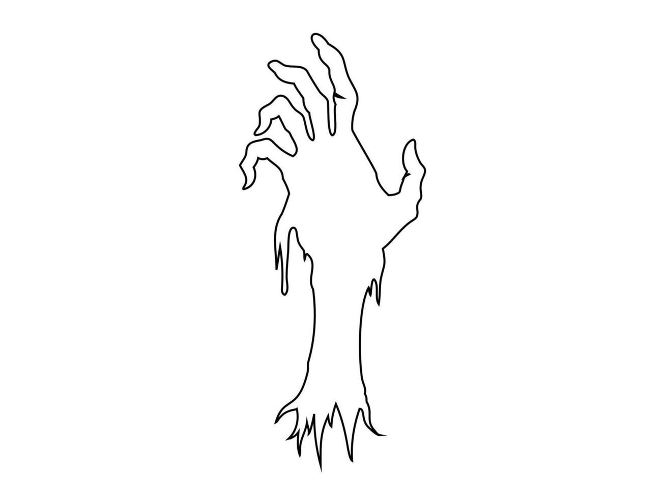 Black outline of creepy zombie hand isolated on a white background. Eerie monster hand. Concept of horror, Halloween, creepy design. Print, design element, coloring page. Graphic art vector
