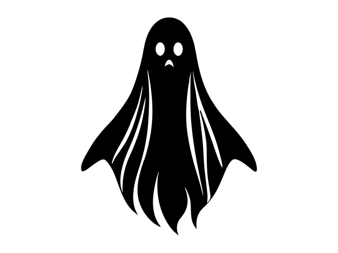Black silhouette of a ghost isolated on a white background. Concept of spooky spirit, Halloween symbol, minimalist style, eerie apparition. Print, icon, design element. vector