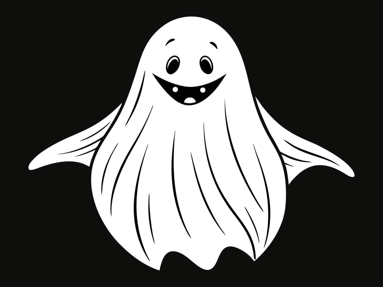 White ghost silhouette isolated on a black background, concept of Halloween, spooky spirit, minimalist style, cute phantom illustration, icon, design element. vector