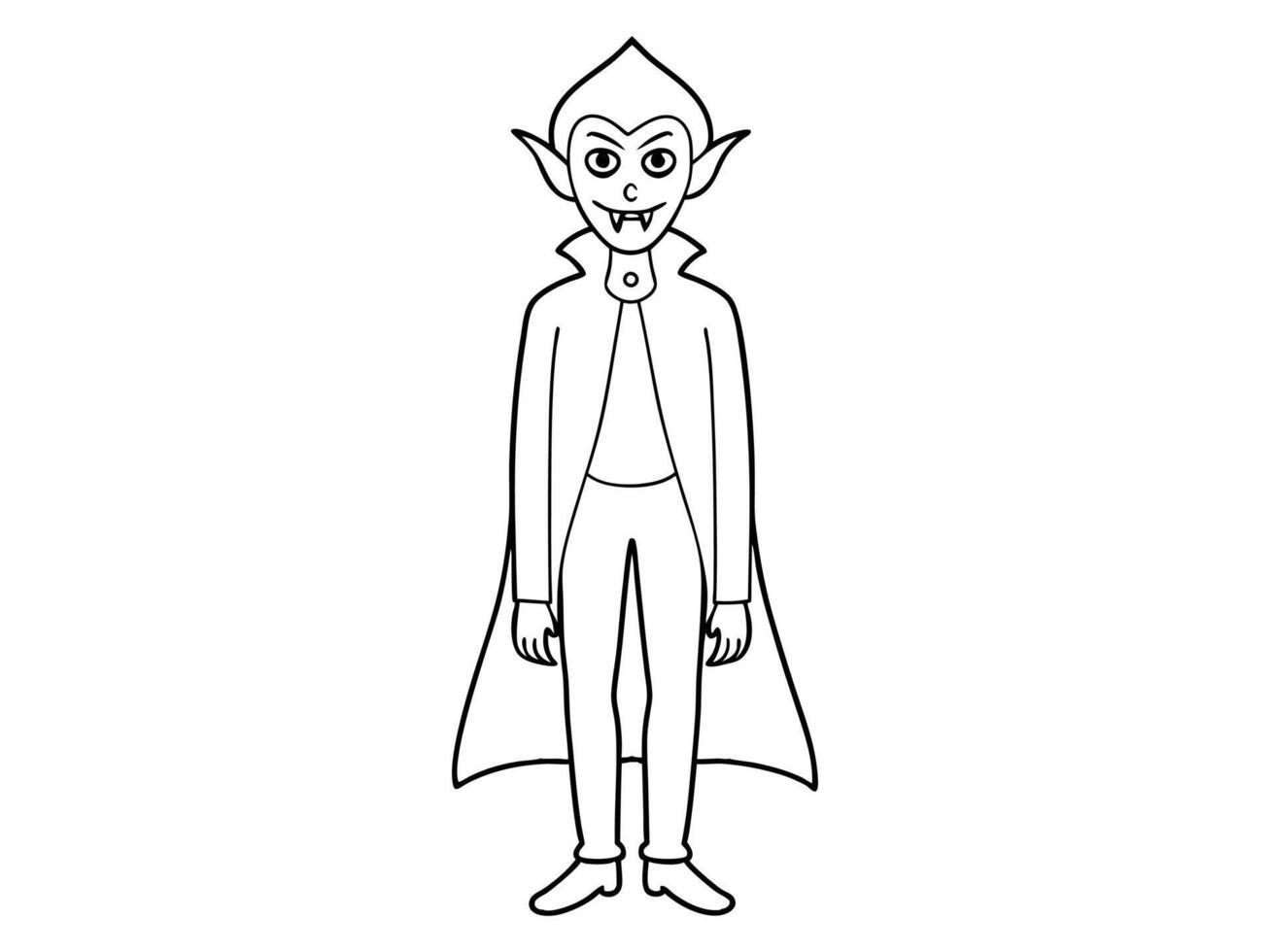 Black outline of vampire character isolated on white background. Concept of Halloween, Dracula, spooky figure, minimalist style, fantasy creature. Print, icon, design element, coloring page vector