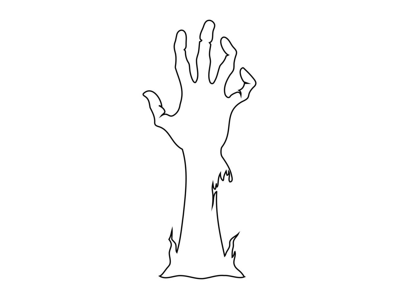 Black outline of creepy zombie hand isolated on a white background. Eerie monster hand. Concept of horror, Halloween, creepy design. Print, design element, coloring page. Graphic art vector