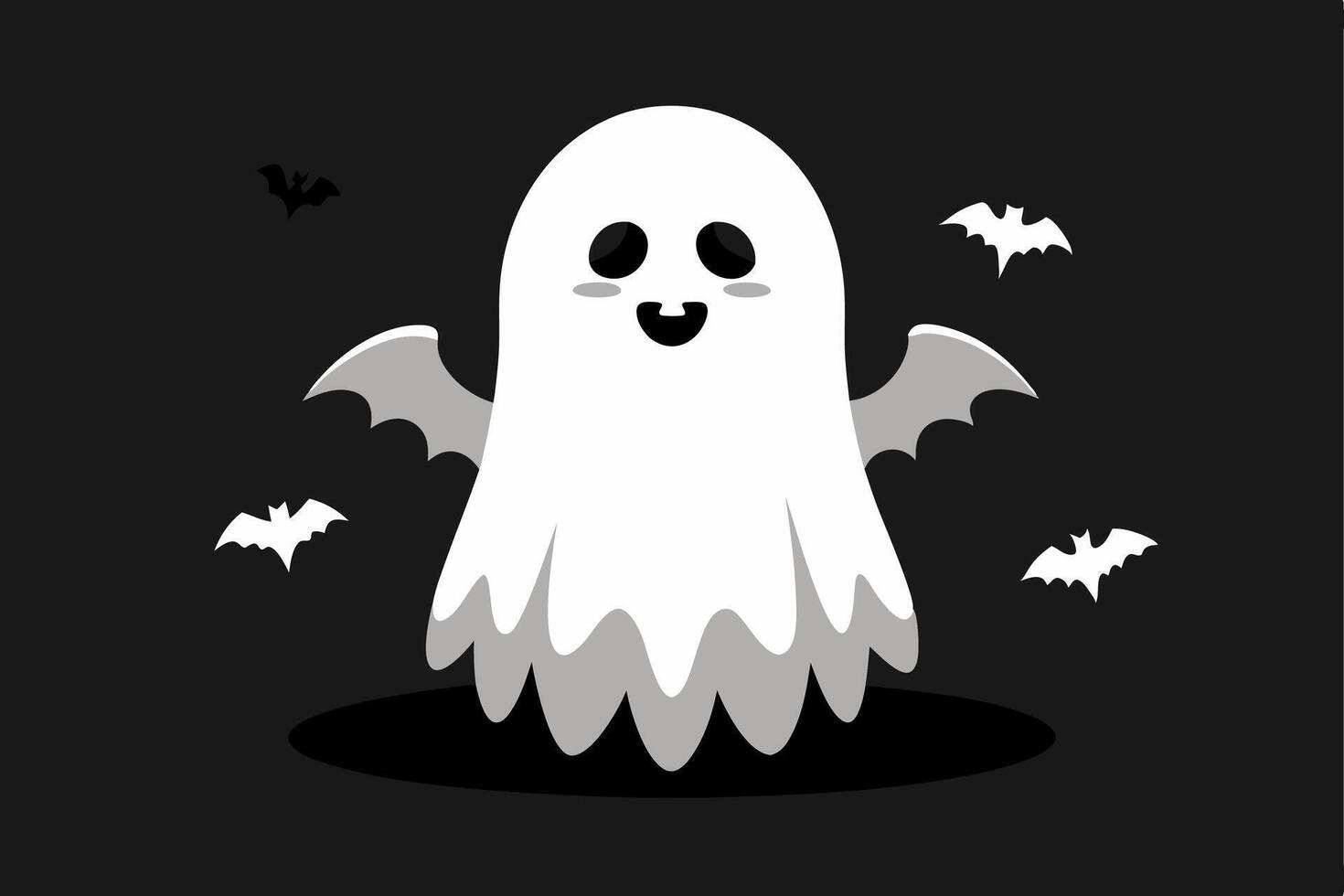 White ghost silhouette isolated on a black background, concept of Halloween, spooky spirit, minimalist style, cute phantom illustration, icon, design element. vector