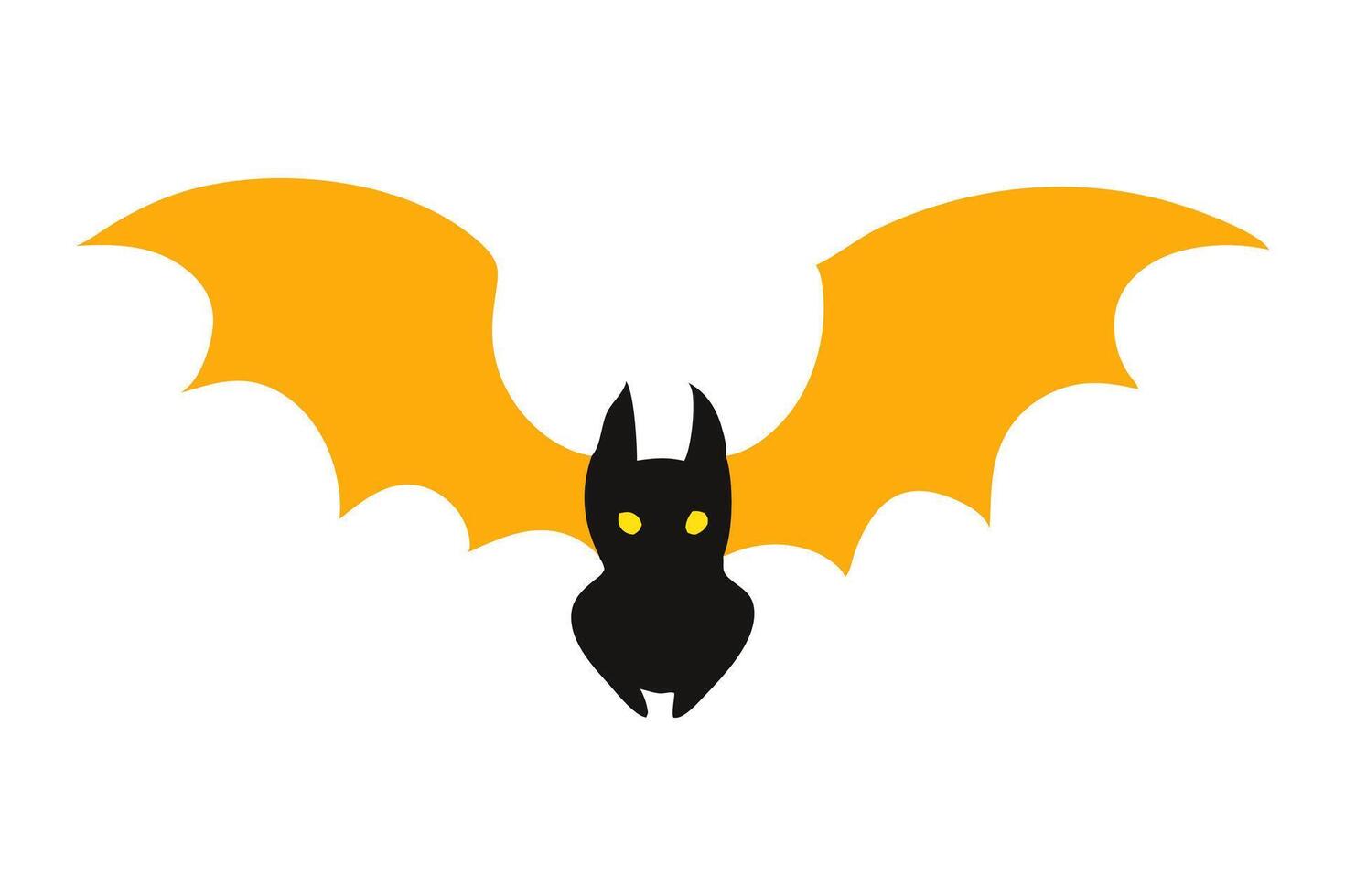 Black silhouette of a bat with glowing eyes and yellow wings isolated on a white background. Concept of nocturnal wildlife, Halloween symbol, minimalist style. Print, icon, design element. vector