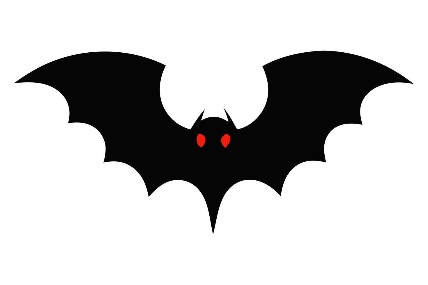 Black silhouette of bat with glowing eyes and spread wings isolated on white background. Concept of Halloween symbol, nocturnal creature, minimalist style, vampire bat. Print, icon, design element vector