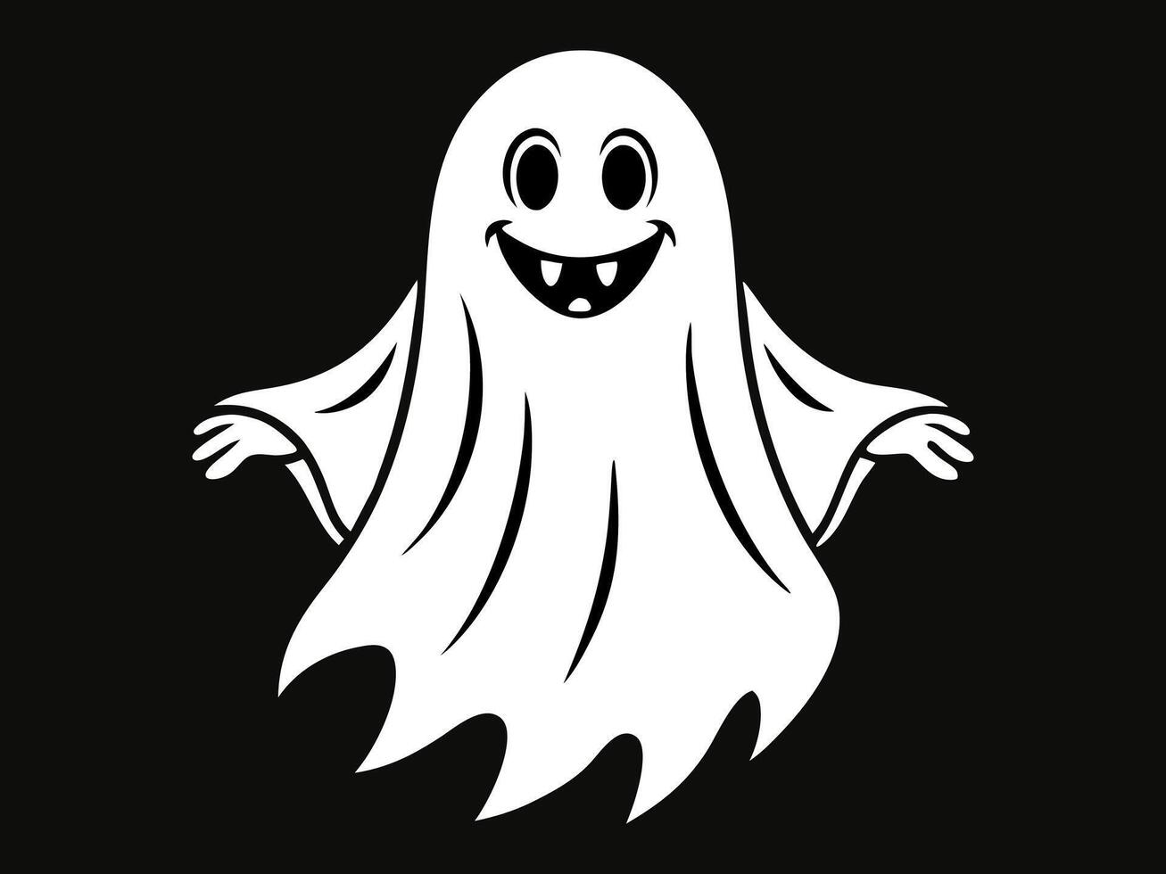 White ghost silhouette isolated on a black background, concept of Halloween, spooky spirit, minimalist style, cute phantom illustration, icon, design element. vector