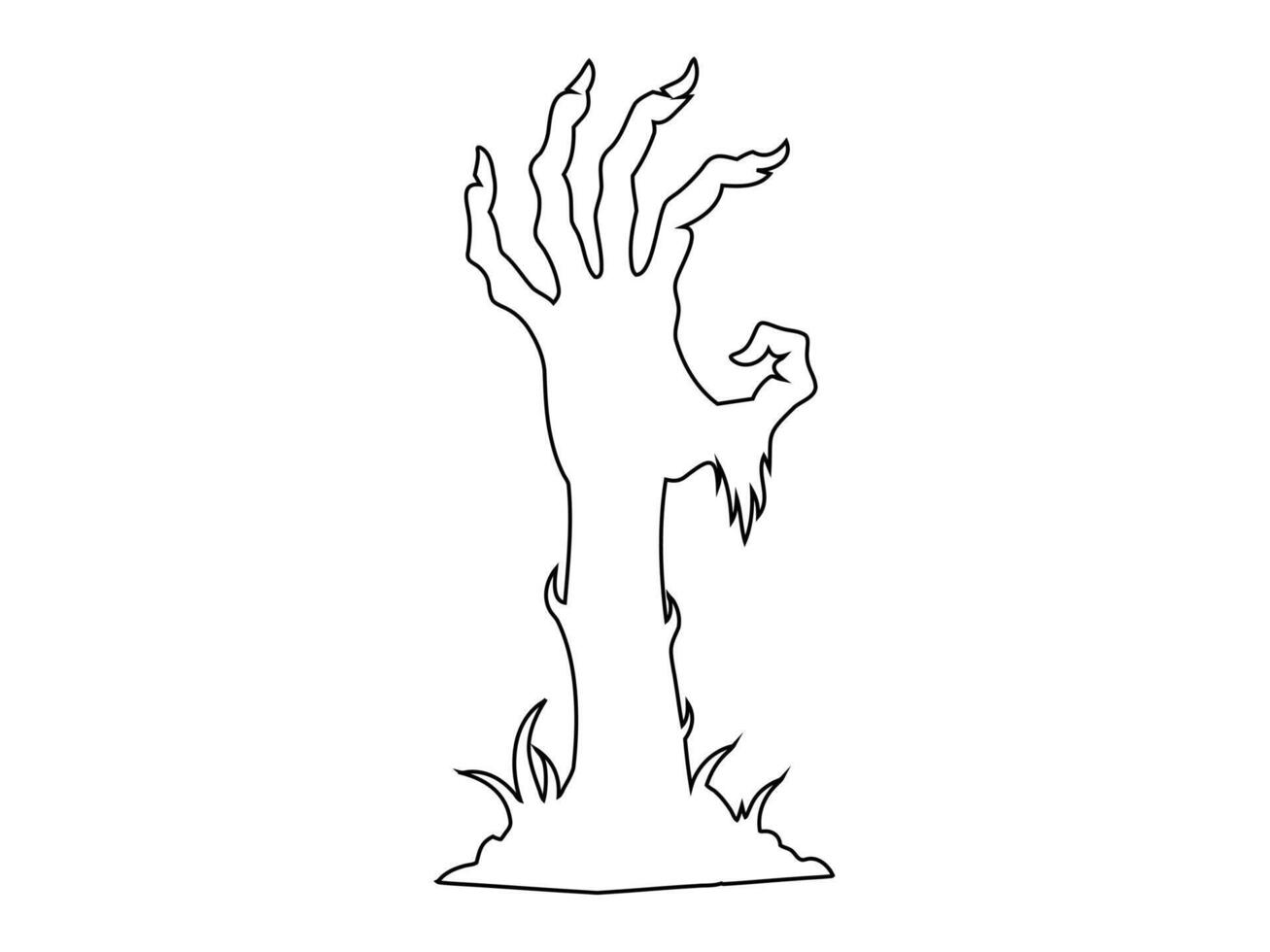 Black outline of creepy zombie hand isolated on a white background. Eerie monster hand. Concept of horror, Halloween, creepy design. Print, design element, coloring page. Graphic art vector