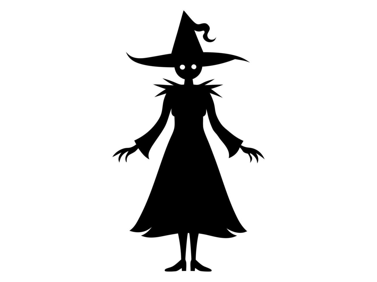 Black silhouette of a witch isolated on a white background. Concept of Halloween, magic, spooky character, witchcraft symbol. Print, icon, design element. vector