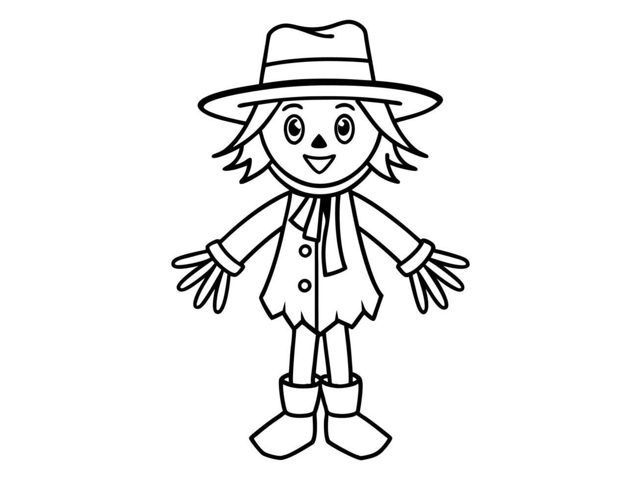 Black outline of cartoon scarecrow with witch hat and attire isolated on white background. Concept of Halloween, autumn, spooky character, farm decoration. Print, digital art, design element. vector