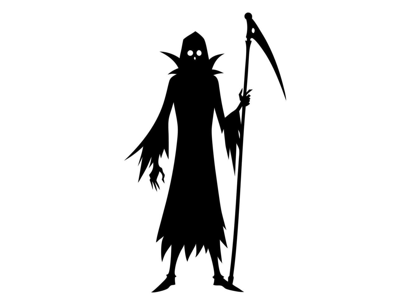 Black silhouette of the Grim Reaper isolated on a white background. Concept of death, spooky figure, minimalist style, Halloween. Print, digital art, illustration, design element vector