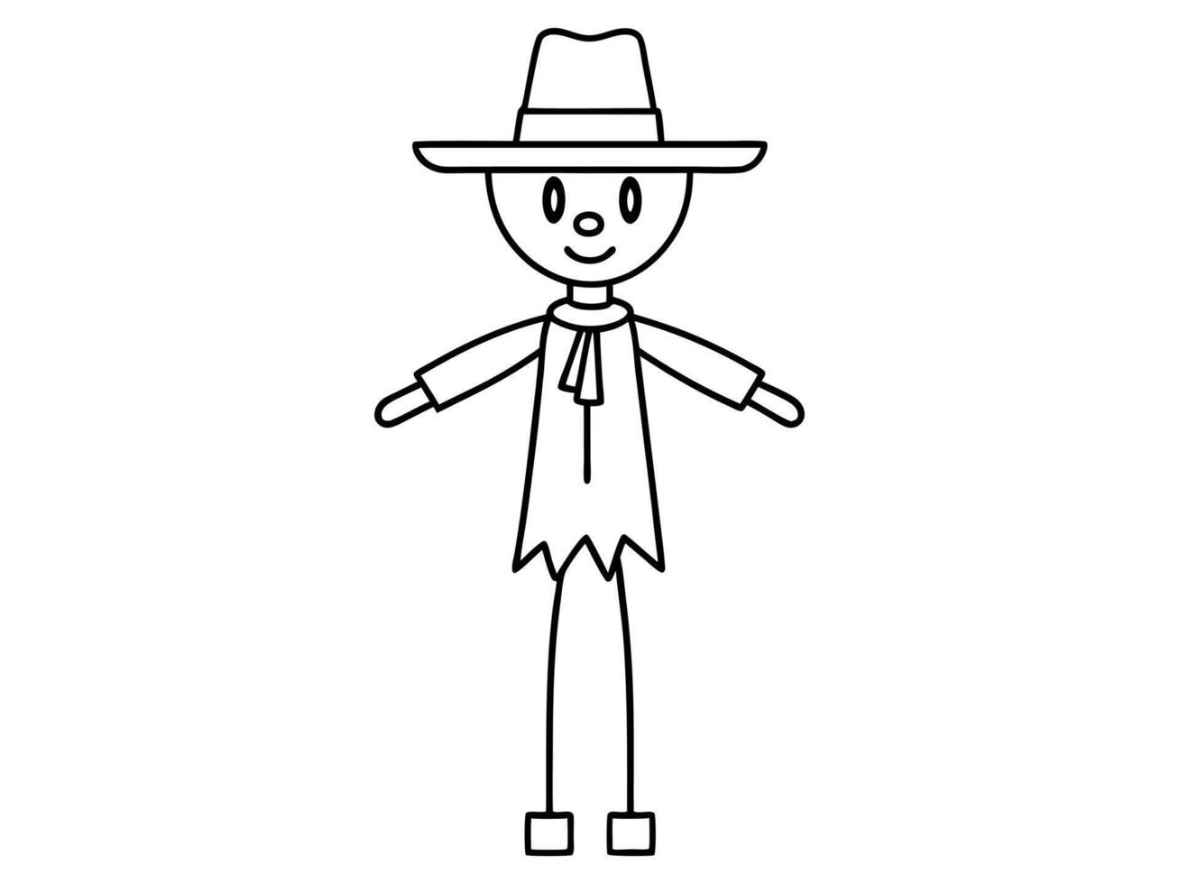 Black outline of cartoon scarecrow with witch hat and attire isolated on white background. Concept of Halloween, autumn, spooky character, farm decoration. Print, digital art, design element. vector