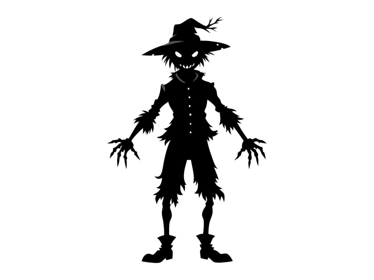 Black silhouette of cartoon scarecrow with witch hat and attire isolated on white background. Concept of Halloween, autumn, spooky character, farm decoration. Print, digital art, design element vector