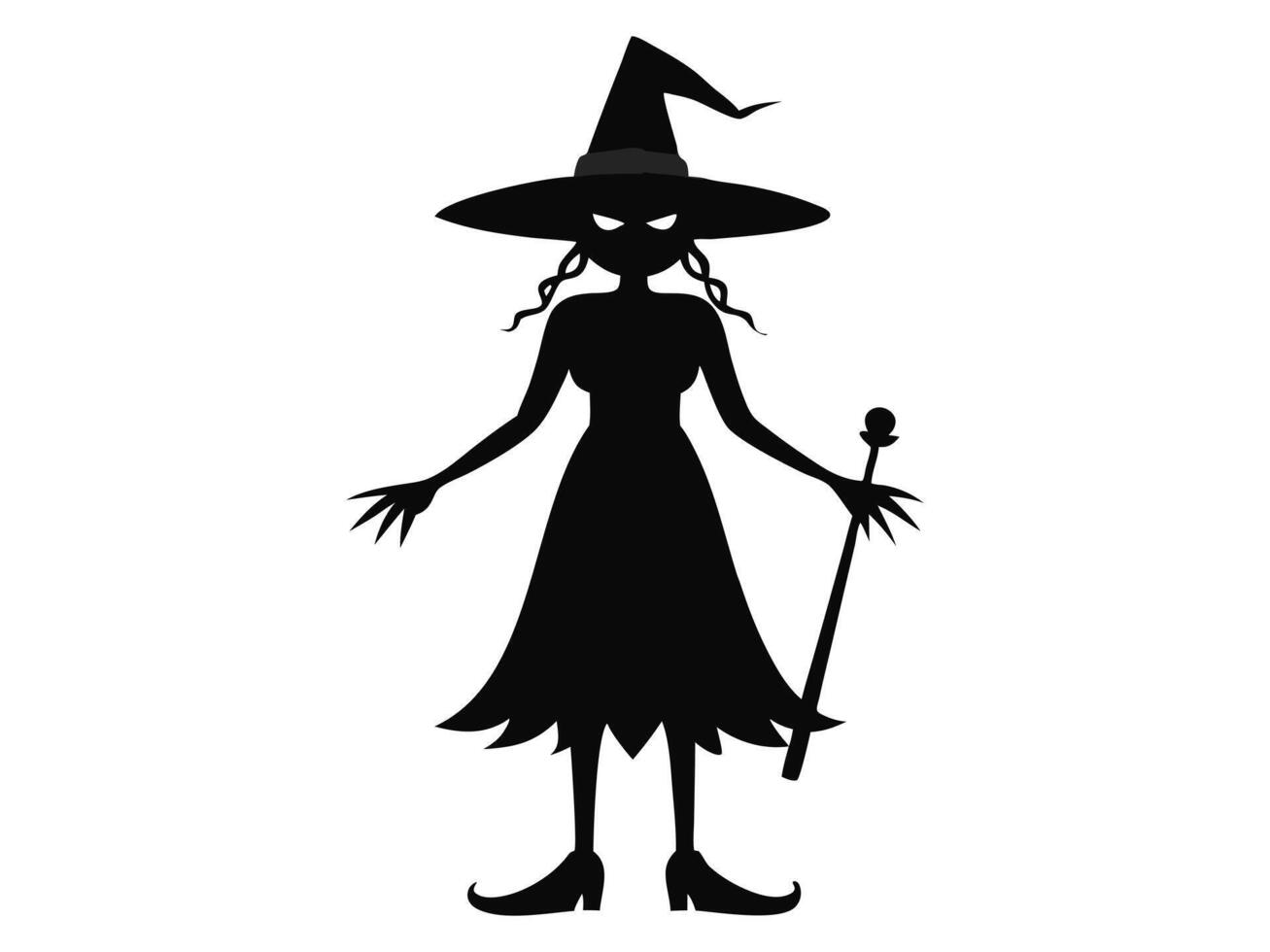 Black silhouette of a witch isolated on a white background. Concept of Halloween, magic, spooky character, witchcraft symbol. Print, icon, design element. vector