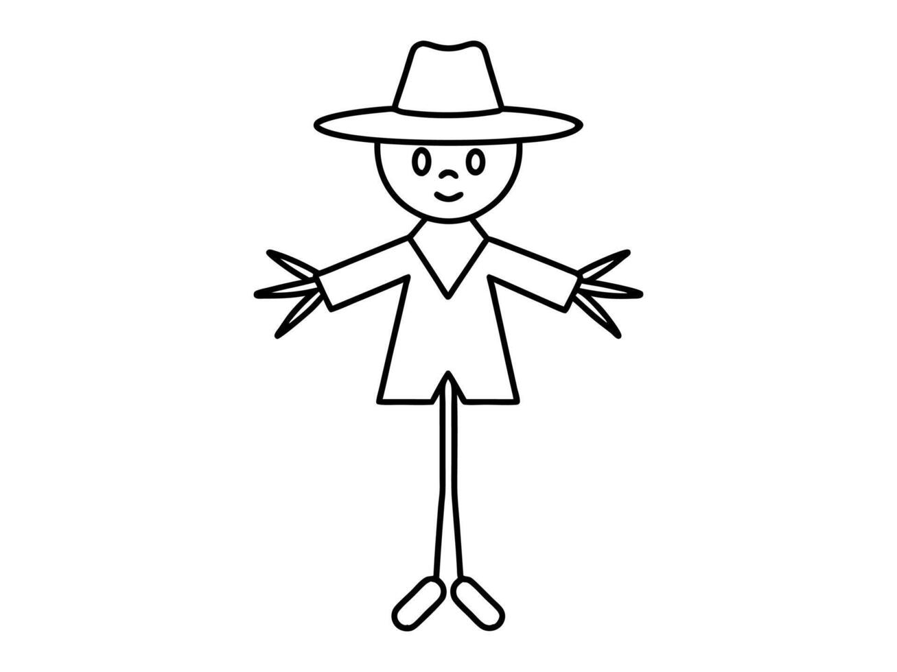 Black outline of cartoon scarecrow with witch hat and attire isolated on white background. Concept of Halloween, autumn, spooky character, farm decoration. Print, digital art, design element. vector