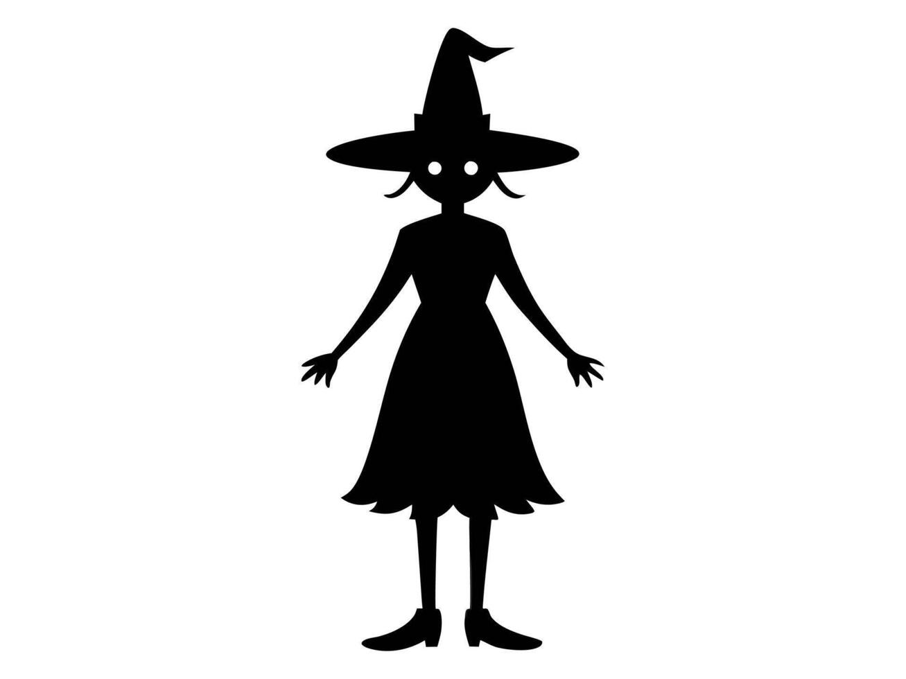 Black silhouette of a witch isolated on a white background. Concept of Halloween, magic, spooky character, witchcraft symbol. Print, icon, design element. vector