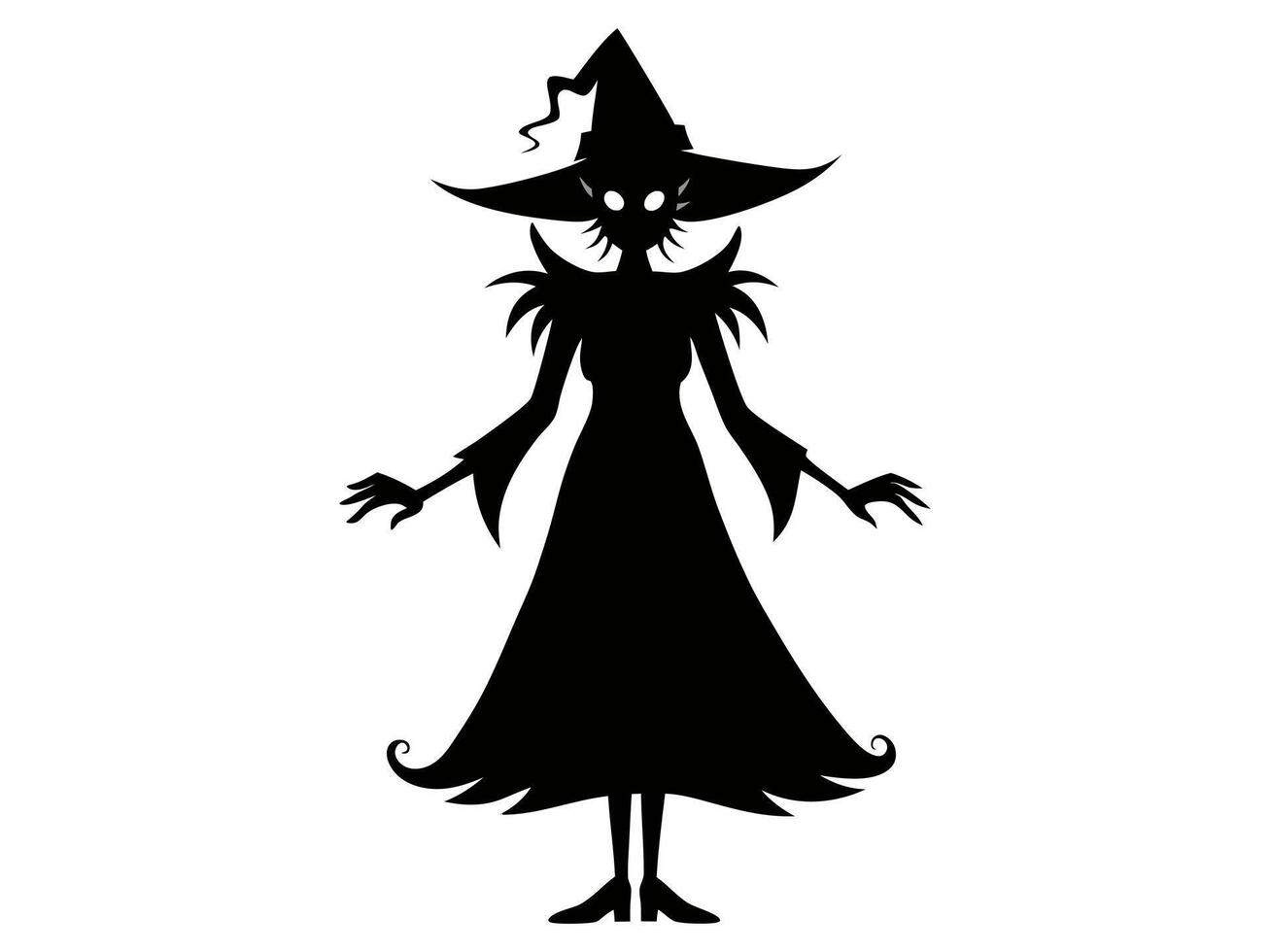 Black silhouette of a witch isolated on a white background. Concept of Halloween, magic, spooky character, witchcraft symbol. Print, icon, design element. vector