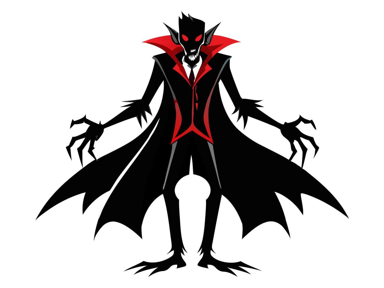 Black silhouette of a vampire isolated on a white background. Concept of Halloween monster, gothic creature, horror icon, minimalist style, spooky character. Print, design element. vector