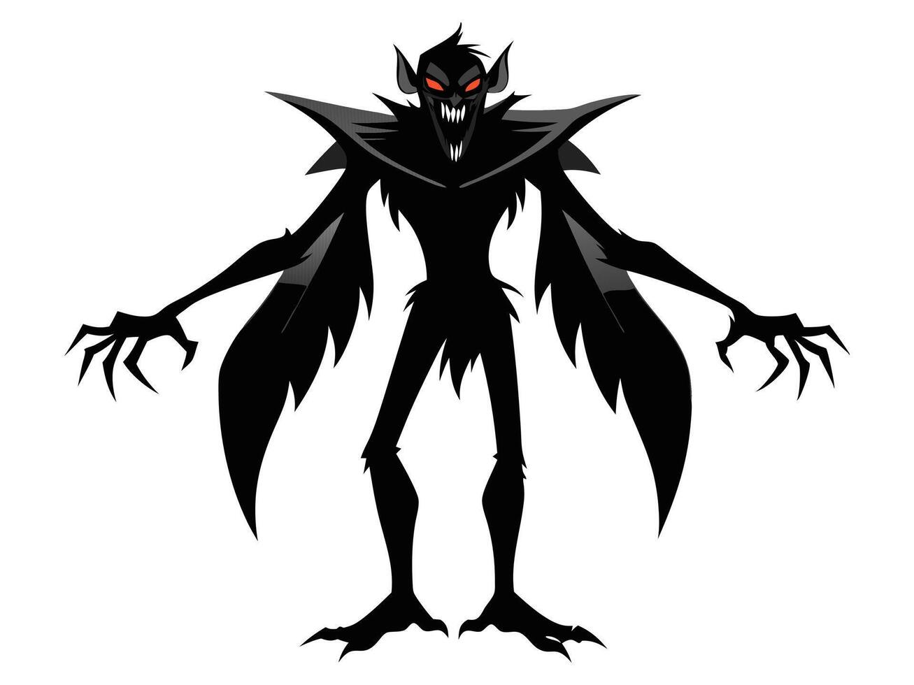 Black silhouette of a vampire isolated on a white background. Concept of Halloween monster, gothic creature, horror icon, minimalist style, spooky character. Print, design element. vector