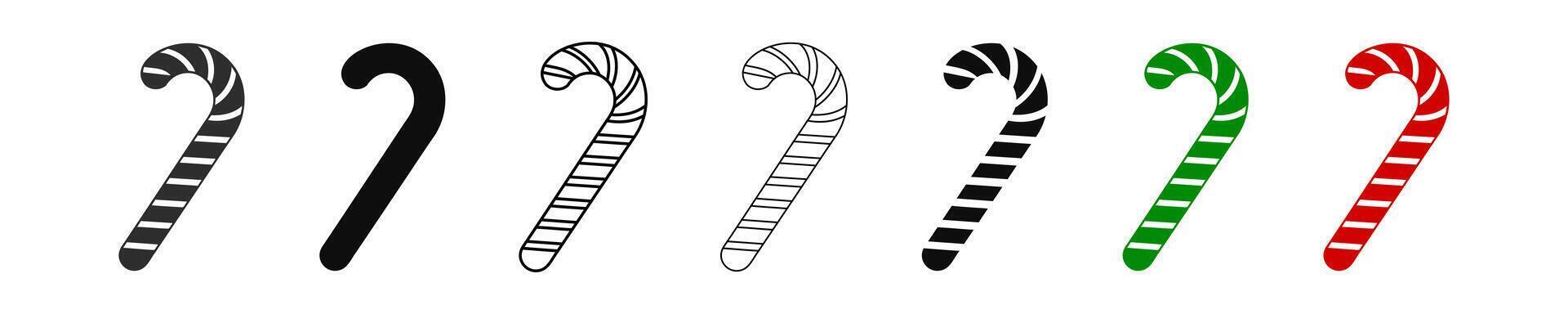 Silhouettes of candy canes with striped patterns isolated on a white background. Collection of festive sweets in a minimalist style. Concept of Christmas candies. Set, clip art, Design elements. vector