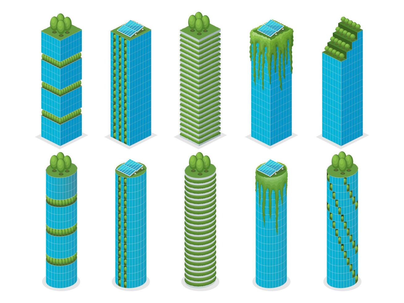 set of isometric green buildings, sustainable architecture include square and round tall buildings in variety types for eco city concept. flat illustration. vector