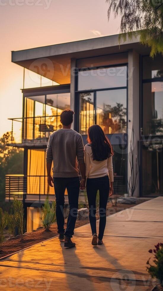 Young couple standing together looking at their new modern home with excitement and satisfaction. . photo